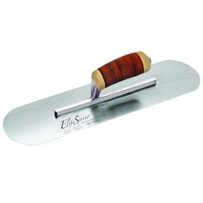 Picture of Elite Series Five Star™ 14" x 4" Carbon Steel Pool Trowel with Leather Handle on a Short Shank
