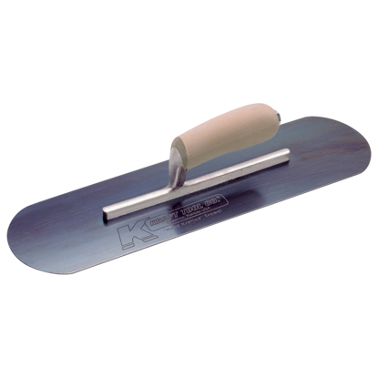 Picture of 12" x 3-1/2" Blue Steel Pool Trowel with a Camel Back Wood Handle on a Short Shank
