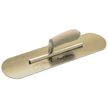 Picture of 14" x 4" Golden Stainless Steel Pool Trowel with a Camel Back Wood Handle on a Short Shank